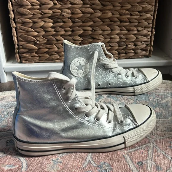 RARE Chuck Taylor All Star Silver Metallic & Glitter Leather Size 8 - Picture 5 of 6